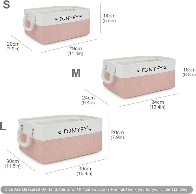 Pet Toy Storage Box Dog Toy Organizer Basket Personalized Large Capacity Collapsible Bin Two-Tone Linen Chest with Sturdy Handles for Living Room Pet Supplies Organizing (White Pink L)