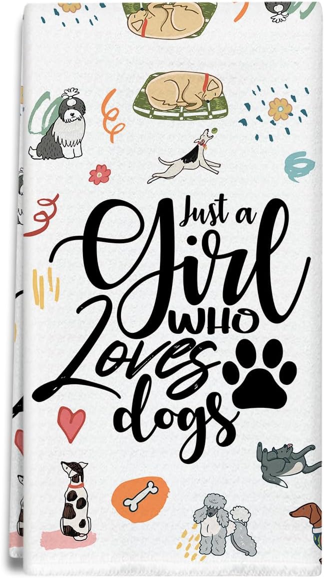 Cute Dog Pattern Kitchen Towels and Dishcloths, Just a Girl Who Loves Dogs Hand Towel Drying Cloth for Bathroom Baking, Dog Lovers Gifts for Friend, Girls, 16x24 Inches -28