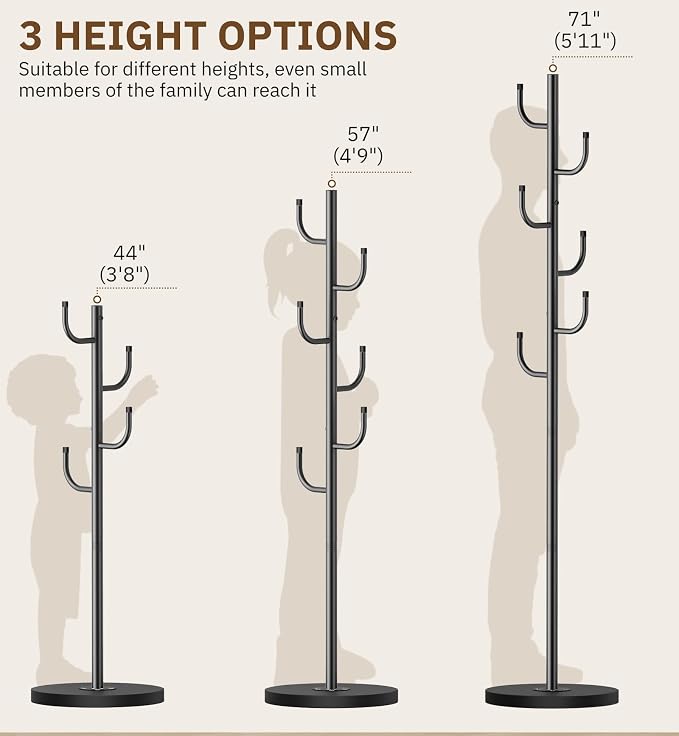 MISSLO Heavy Duty Coat Rack Freestanding with Stable Wood Base Metal Coat Tree Adjustable Coats Hanger Stand with 6 Hooks Clothes Tree for Jackets, Hats, Bags Standing Purse Rack for Bedroom, Office