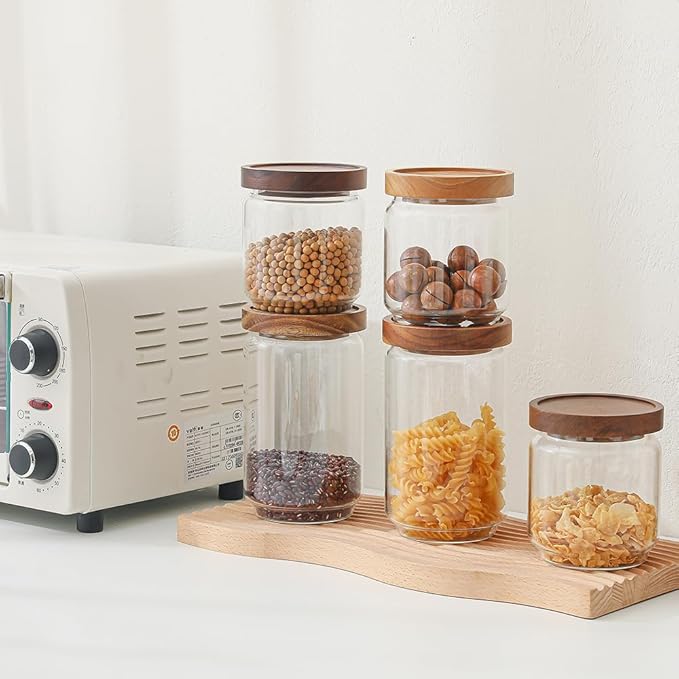 25 OZ Glass Jars 6 Pack with 112 Labels | Kitchen Food Storage Containers with Acacia Wood Lids