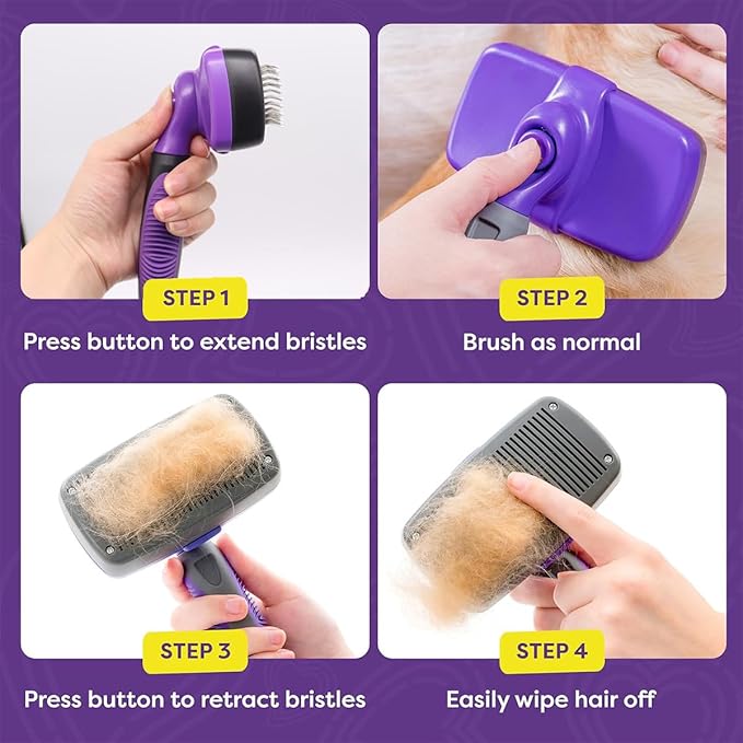 Self Cleaning Slicker Brush for Dogs & Cats, Gentle Deshedding and Hair Removal Tool for Long & Short Haired Pets, Easy Push Button, Blue