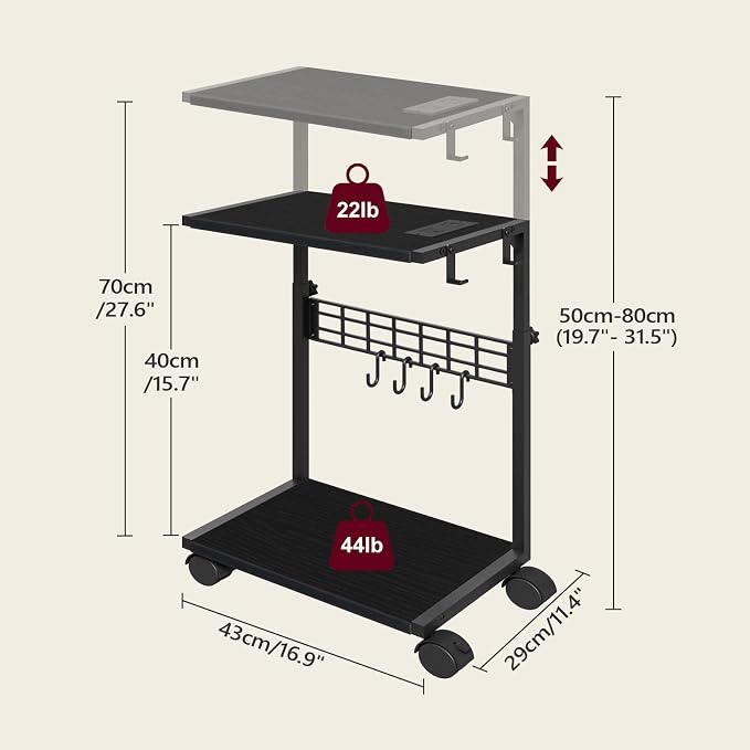 PC Stand, Height Adjustable Computer Tower Stand, 19.7"-31.5" H, Computer Cart with Charging Station, Wheels and Hooks, CPU Holder for Floor, Carpet and Under Desk, Easy Assembly, Black