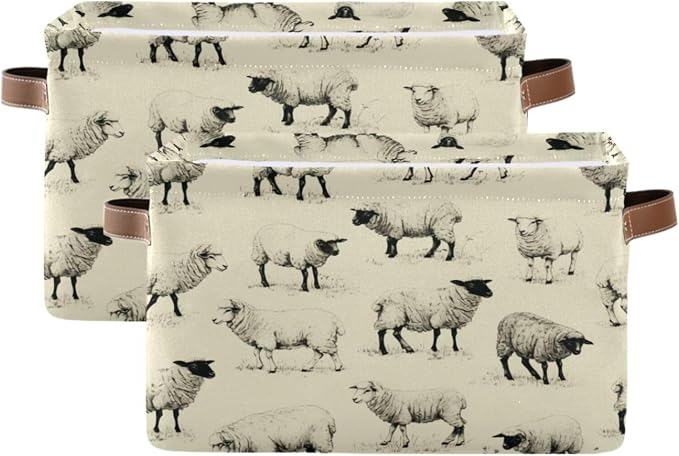 Kigai Cute Sheep Storage Basket with Handles Waterproof Collapsible Storage Bin Canvas Fabric Basket Decorative Box Closet Organizer for Nursery Bedroom Office