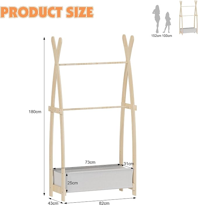 HedoAjim Kids Clothing Rack Dress Up Storage Shelf Closet for Girls Pet Coat Baby Garment Wardrobe Toddler Costume Closet Organizer Hanging Clothes with Double Hanging Rod Wood Nursery