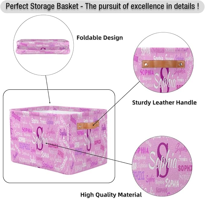 Personalized Kids Toy Box with Name, Custom Nursery Baskets Cubes Bins, Kids Custom Storage Basket Laundry Baskets Organizer with Handles, Pink Background