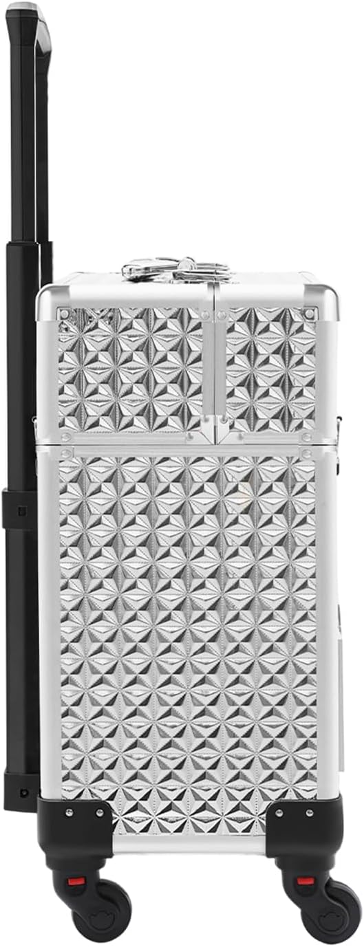 Rolling Makeup Train Case, Aluminum Cosmetic Trolley Organizer with 4 Universal Wheels, Large Capacity Travel Case with Lock for Nail Artist, Hairstylist in Salon, Studio, Travelling (Silver)