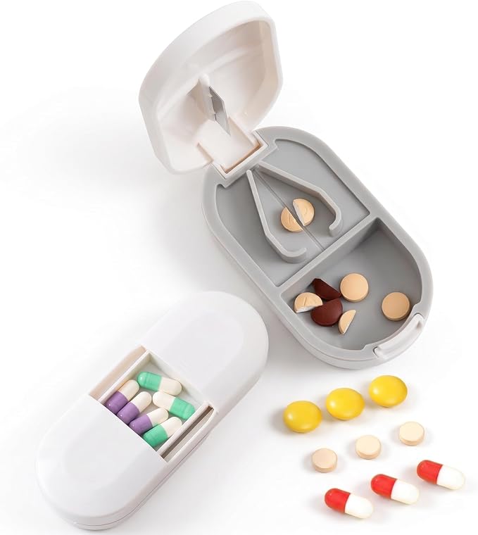 Pocket Pill Splitter,with Hidden Compartment,Exact 1/2,Compact (White) | with Safety Blade Guard - Travel Pill Case and Cutter for 2in1 Medicine Organizer Box for Seniors, Vitamins, Pets
