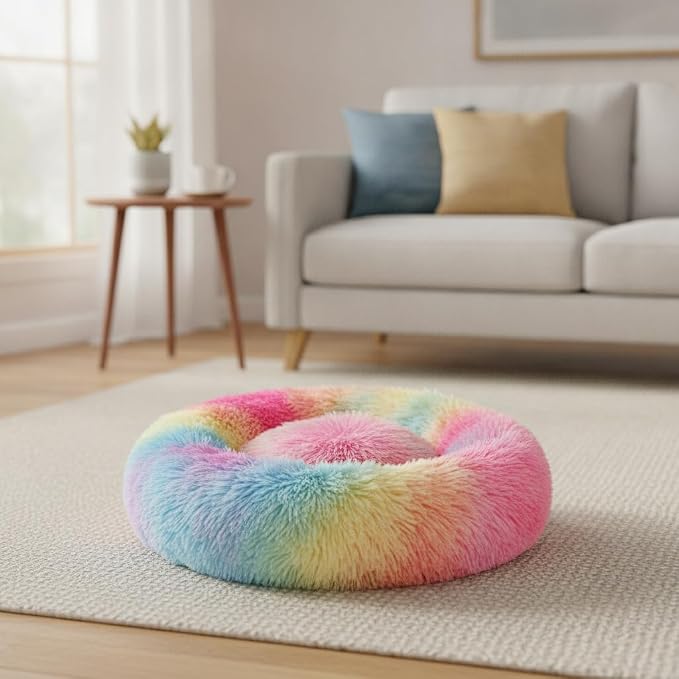 Cat Beds for Indoor Cats, Calming Dog Bed for Small Dogs & Pet, 13.5in | Donut Cama Para Gatos, Machine Washable, Anti-Slip & Water-Resistant Bottom, Deep Sleeping Fluffy Donut to 7Lbs, Small