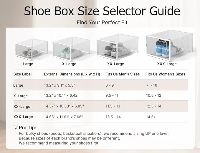 Kuject XX-Large Shoe Storage Boxes 12 Pack, Clear Stackable Shoe Organizer | Shoe Case for Closet, Entryway & Under-Bed Storage, Drop-Front Design, Space-Saving Solution for Family Organization,White