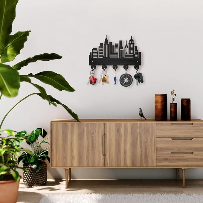 MAYJOYDIY Wood City Skyscraper Coat Rack Wall Mount 11.8×7.9inch Modern City Building Key Holder for Wall 5 Alloy Hooks Wall Art Decor Black Hook Rack for Office Entryway Living Room Gift