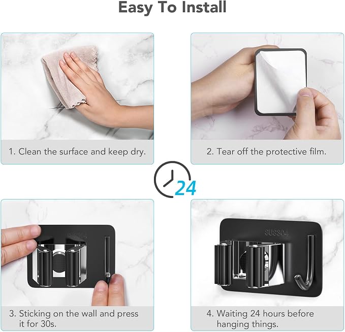 homeasy Broom Holder Wall Mount 4Pcs, Self Adhesive Mop Broom Hanger | Self adhesive stainless steel broom organizer with 4 hooks, holds mops, brooms and garden tools without drilling