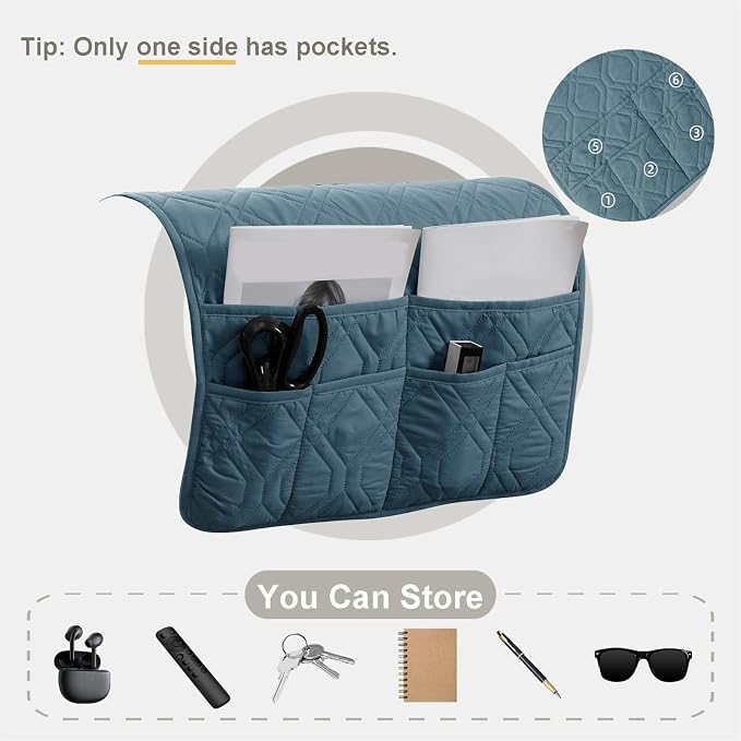 Waterproof Armrest Chair Covers with 6 Side Pocket 1 2 3 Seater Anti-Slip Chair Headrest Cover Armchair Slipcover Washable Protector for Pets Leather Sofa Couch (Gray Blue,2 Seater 4PCS)