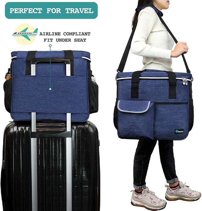PetAmi Dog Travel Bag Organizer, Pet Supplies Diaper Tote, Navy Blue Large | Pet Travel Kit with 2 Food Containers & 2 Collapsible Dog Bowls, Luggage Sleeve, Weekend Getaway Road Trip Camping Essentials