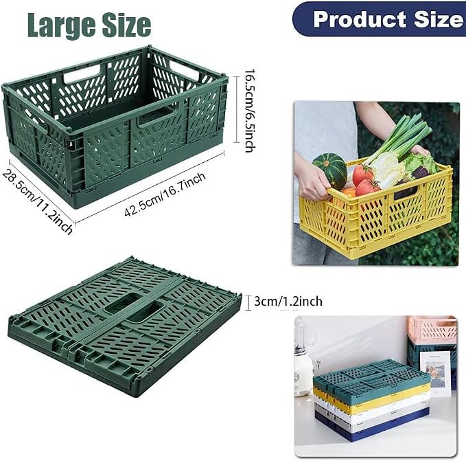 Plastic Collapsible Crate Folding Storage Basket with Handle for Shelves Home Kitchen Classroom and Office Vanity Bathroom Organization Drawer Clapboard Partition (Large Multicolor-4pack)