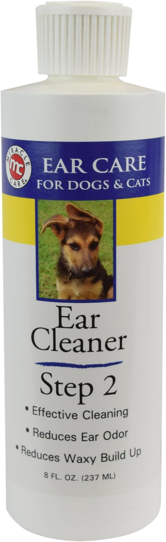 Miracle Care Ear Cleaner for Dogs and Cats, 8 Ounce, Reduces Ear Odor and Waxy Build Up, Gentle and Non Staining
