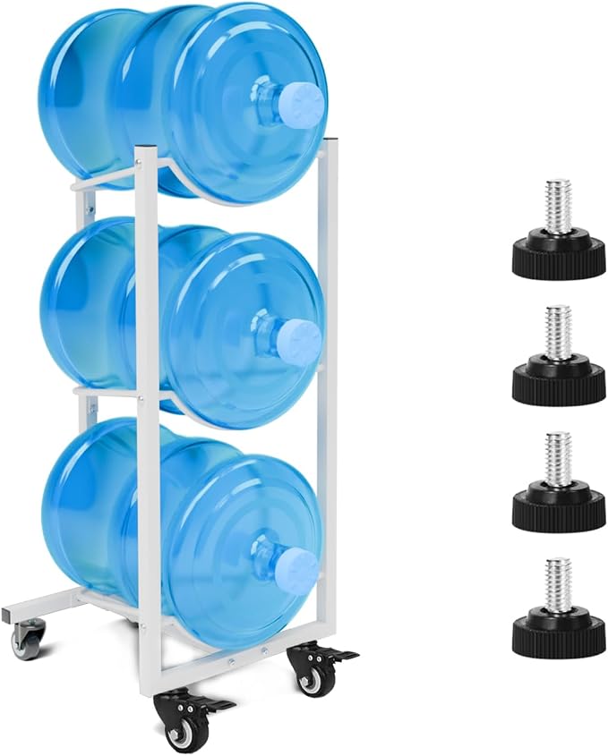 5 Gallon Water Jug Holder with Wheels: 5 Gal Water Bottle Storage Rack Stand for Home Kitchen Office Gym Garage (3 Tier White)