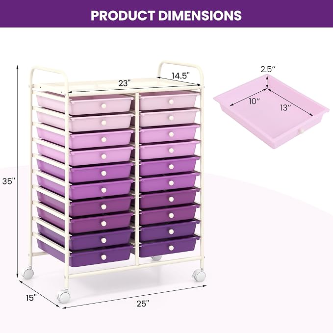 20 Drawer Rolling Storage Cart, Art Cart Organizer with Wheels for Makeup, Tool, Paper, Multipurpose Craft Storage Cart with Drawers for Office, Home, Classroom, School (Gradient Purple)