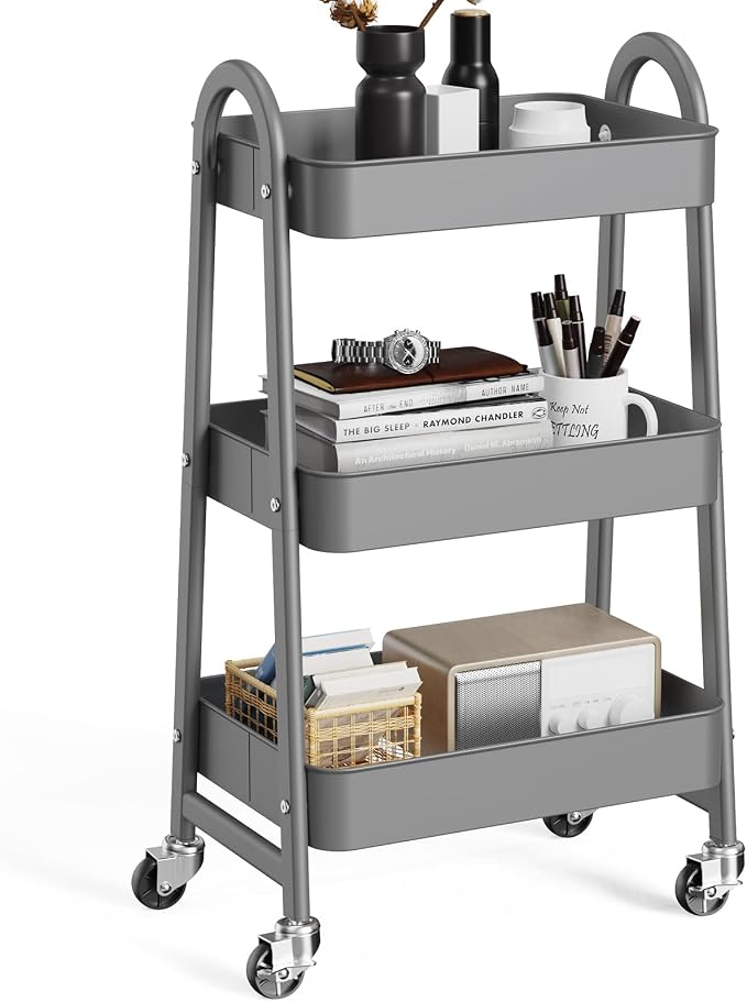 OLIXIS Metal Rolling Storage Utility Cart with Lockable Wheels 3 Tiers | Mobile Organizer Shelf, Space-Saving, Freestanding, Bathroom, Living Room, Slim, Narrow Corner Spaces, Gray