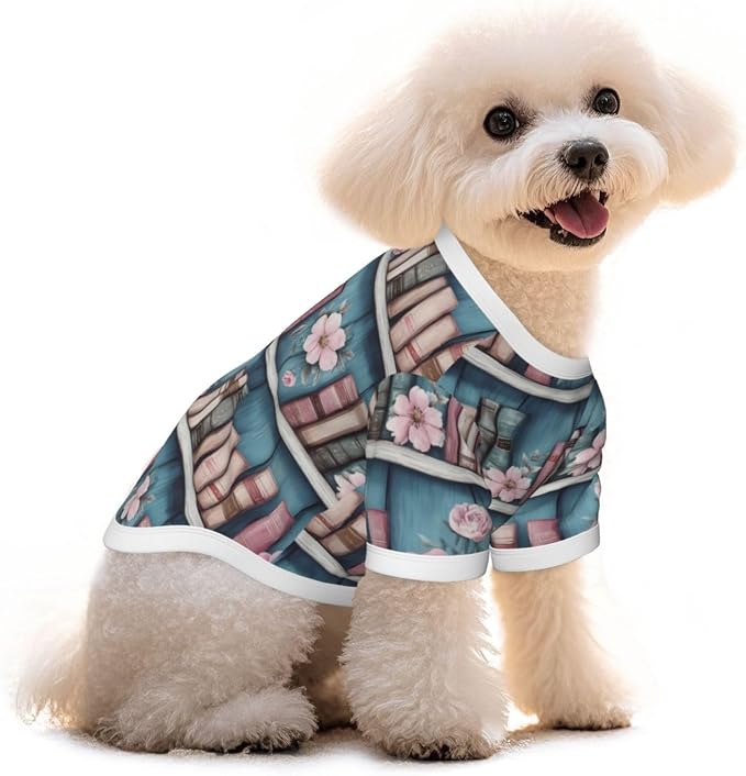 Vintage Floral Bookshelf Dog T Shirt Dogs Cats Cotton Shirts Short Sleeve Clothes Soft Stretchy Pet Costume Doggy Outfit Pullover Jumper Puppy Sweatshirt Medium