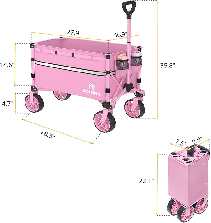 ROSONG Collapsible Wagon Cart with Wheels Foldable - Folding Utility Heavy Duty Wagons Carts for Grocery Sports Garden Shopping Camping Wheelbarrows (Pink, 120L)