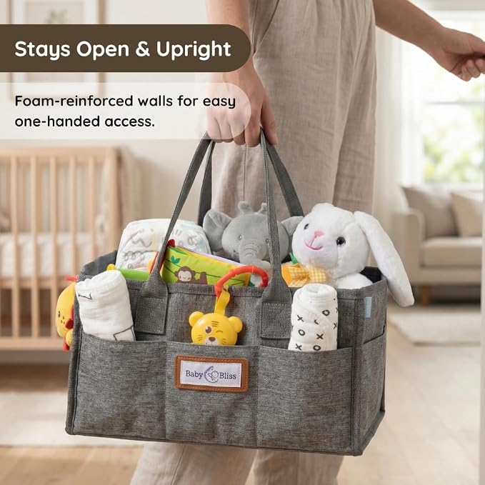 BabyBliss Polyester Diaper Caddy Organizer - Portable Wipe-Clean Nursery Storage Basket with Pockets and Dividers for Diapers, Wipes and Baby Essentials - For Nursery, Living Room and Car