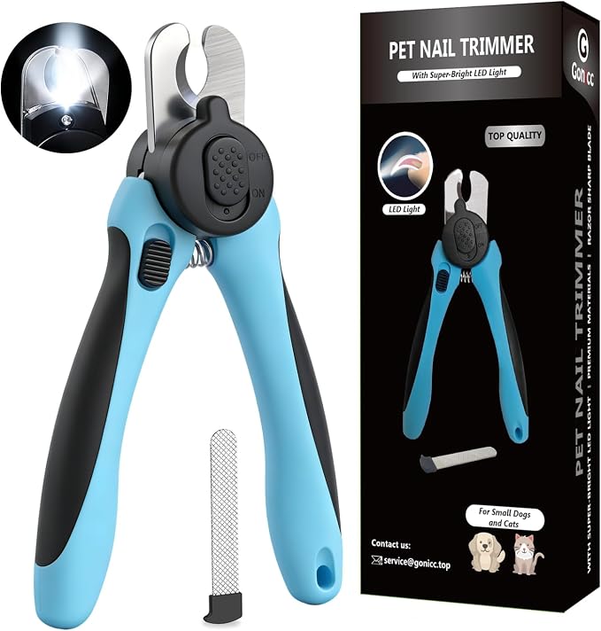 gonicc LED Pet Nail Clippers for Small Dogs and Cats | Light-Up Dog Nail Trimmer with Safety Lock & Built‑in File, Professional Stainless Steel Nail Clippers for Pets