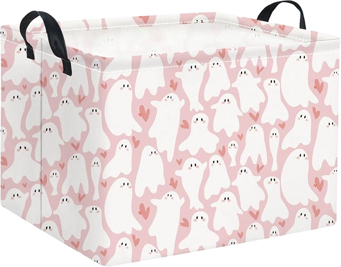 Halloween Basket Cute Baskets for Kids Pumpkin Basket Rectangular Storage Bin Organizer Box Room Decor(Pink Cute Ghost)