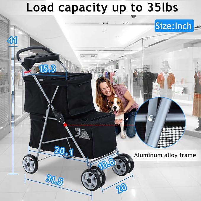 Double Dog Stroller Pet Stroller Cat Stroller for Small Medium Dogs Cats 2 Doggie Puppy or Two Kitty 4 Wheels Folding Travel Carrier Cage with Cup Holders 35LBS Capacity Pet Jogger Strolling Cart