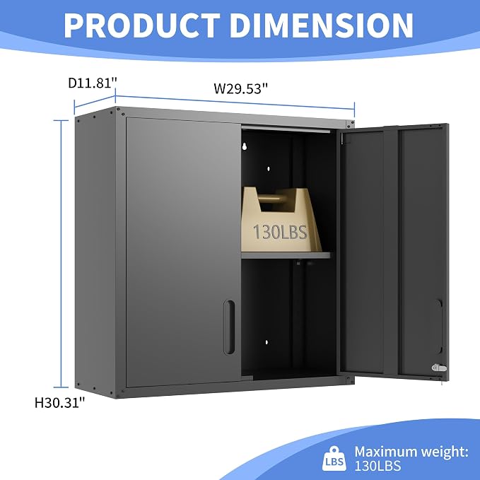Metal Storage Cabinet for Garage, Tool Cabinet, Utility Cabinet | Wall Mounted, Hanging Tool Cabinet, Lockable, 2 Doors, Adjustable Shelves, Assembly Required, Black