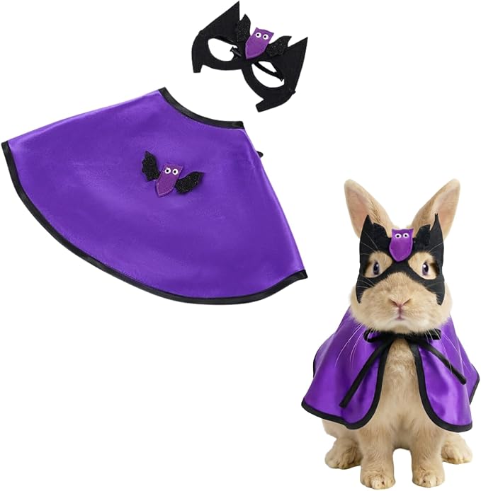 2PCS Halloween Costume Set for Pet Rabbits, Satin Wizard Cape, Adjustable Bat Mask, Holiday Costumes for Small Pets, Photo Prop Set (Small)