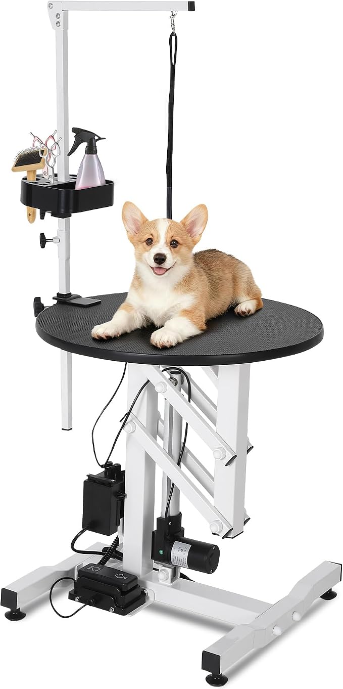 Electric Hydraulic Lift Dog Grooming Table – 24 Inch Rotating Desktop, Overhead Arm, Foot Remote, Tool Organizer, 250LBS Capacity – Ideal for Small Pets