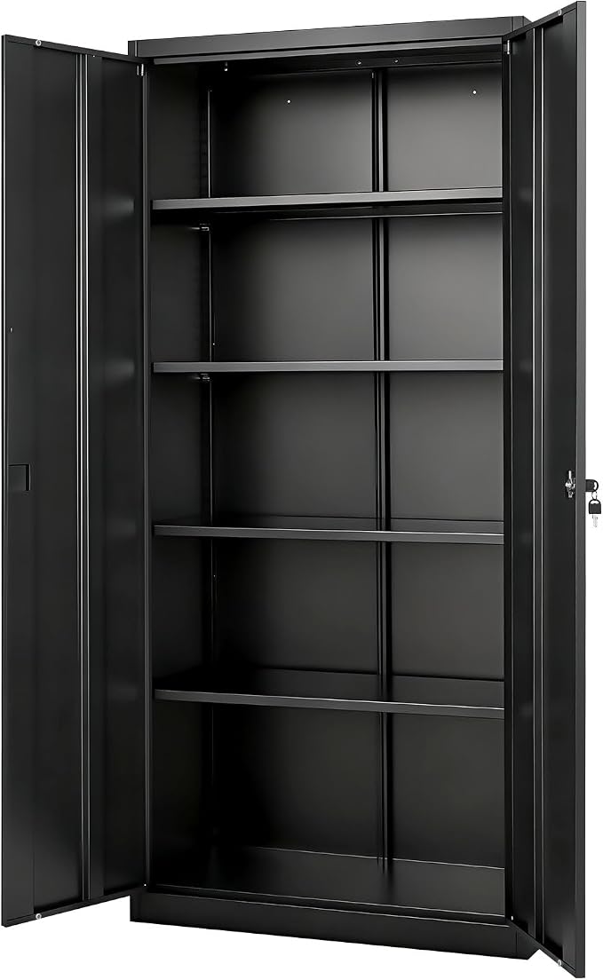 VEVOR Metal Storage Cabinet, Lockable Steel Garage Cabinet with Magnetic Doors and Adjustable Shelves, 2 Keys, 5-Tiers Tall Tool Locker for Home, Office, School, Pantry, Warehouse, Laundry, Black
