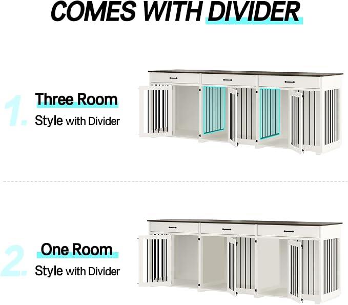 Dog Crate Furniture - Indoor Wooden Dog Kennel Crate with 2 Dividers, 3 Drawers, and 3 Lockable Doors, 95"x23.6"x31.5"H, White