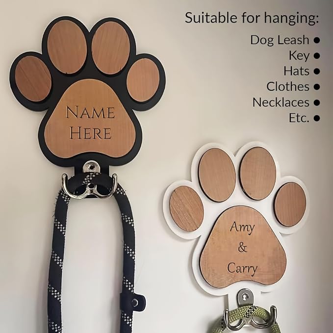 Custom Wood Dog Leash Holder, Personalized Cat Themed Key Holder and Dog Stuff Organizer, Wall Mount Pet Leash Holder with Double Hooks, Customized Names (Custom)