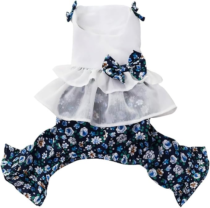 Vintage Floral Bowknot Sleeveless Romper for Small Dogs Cats Rabbits, Breathable Cotton Ruffle Flared Pants, Teacup to Small-Medium Pets for Walk Photo Vacation (Blue-Floral, Medium)