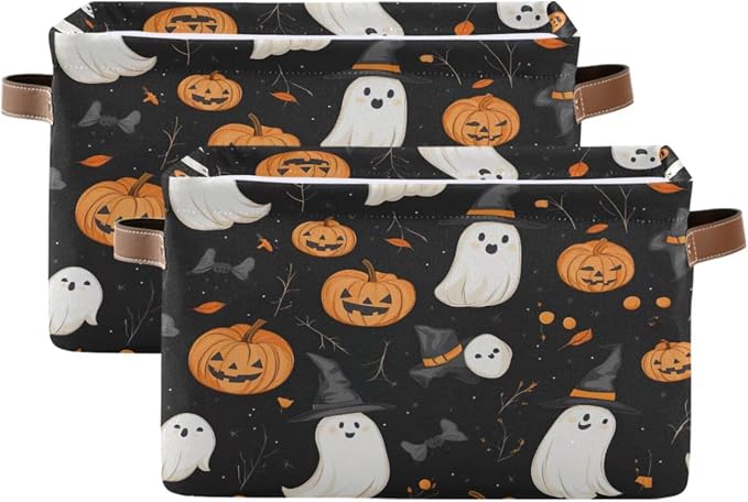 Kigai Storage Basket, Fabric Collapsible Closet Organizer Bin | Halloween Boo Pumpkins Waterproof Foldable Canvas Basket with Handles for Shelves, Nursery, Closet, Bedroom & Bathroom
