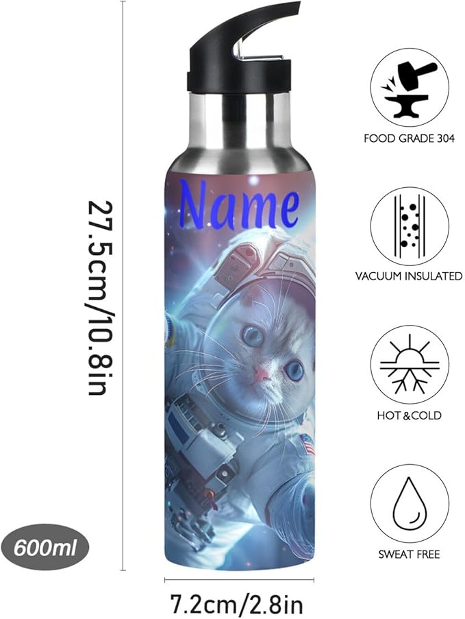 Custom Name Astronaut Cat in Space Water Bottle with Straw Lid Kids Insulated Stainless Steel Water Flask Sports, 20 Oz Hot Cold