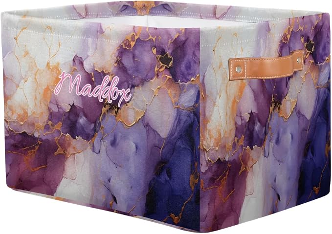 Personalized Storage Basket with Name, Rectangle Toys Storage Bin with Handles for Baby, Boys, Girls, Collapsible Basket for Clothes, Books, Purple Marble Background