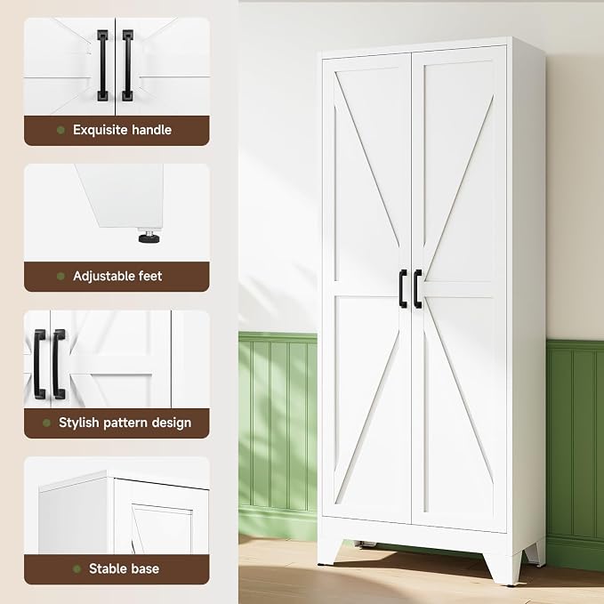 75" H Metal Storage Cabinet with 2 Doors and 4 Shelves,Tall Kitchen Pantry Cabinets,Farmhouse Utility Pantry Organizers for Cupboard/Dining/Bathroom/Home Office/Garage,White