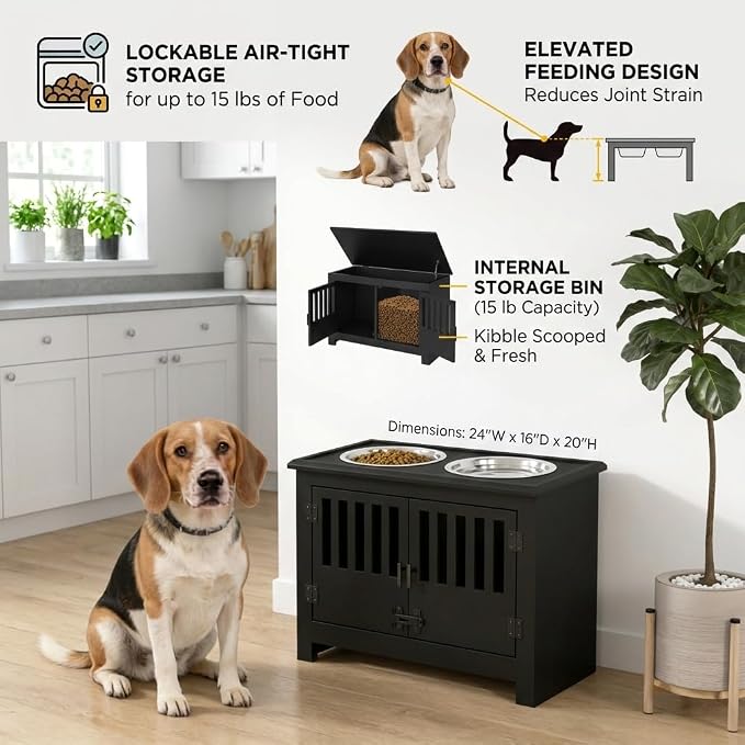 TTCOLATOPIA Elevated Dog Feeding Station with Food Storage Cabinet, Pet Food Organizer for Dogs, Elevated Dog Bowl Stand with Airtight Container, Wooden Dog Feeder Station for Indoor Use