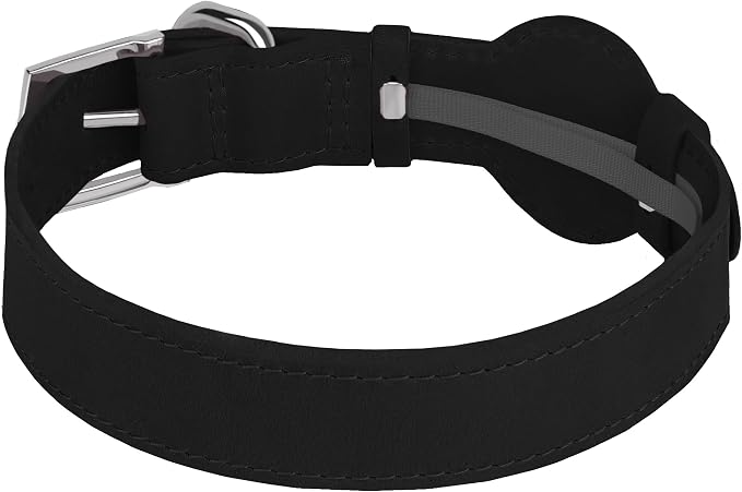 Leather Dog Collar with Airtag Holder - Apple Air Tag Dog Collars - Soft Tracking GPS Pet Collar for Small Medium Large Dogs Breed Puppy (Black, XL, 19"-24" Neck Fit)