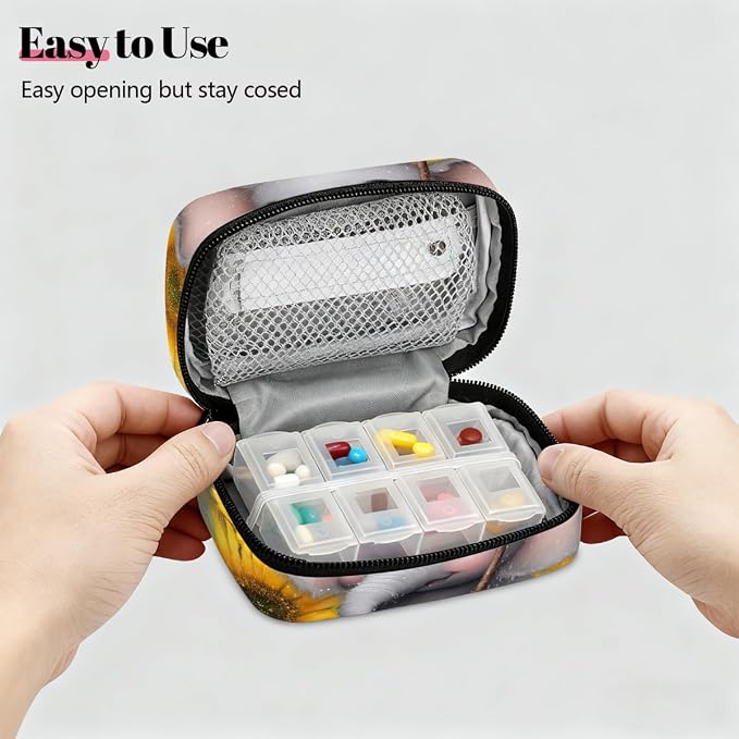 Travel Pill Organizer Cute Elephant Umbrella Sunflower Pill Case