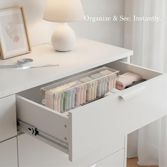 Clear PET Plastic Drawer Organizer for Socks & Accessories, Transparent Storage Box with Compartments, 14.6 x 3.0 x 3.6 Inches