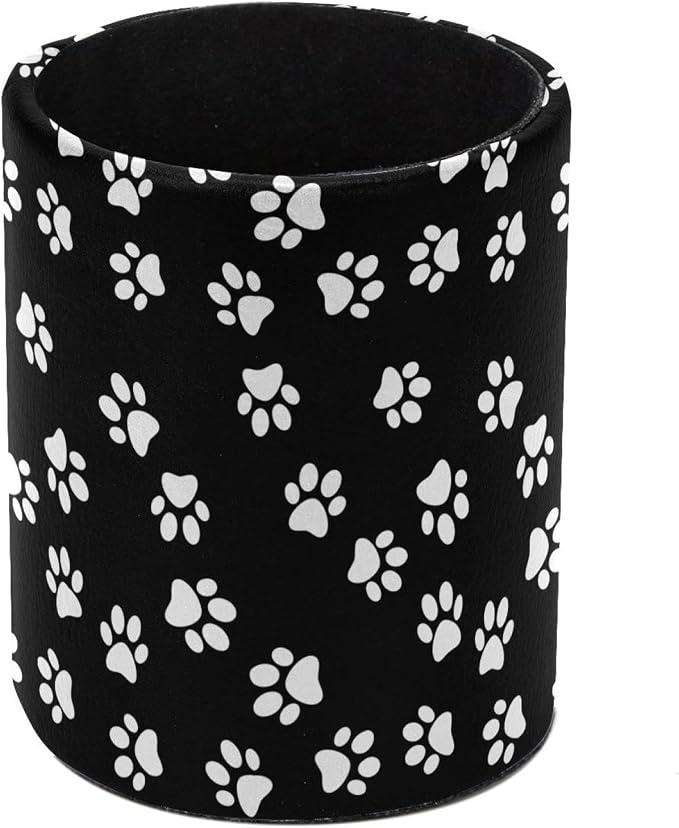White Dog Paw Print Black Background Pencil Box, Multiple-Use Desk Writing Stationary Organizer Pen Holder Cups Office School Supplies Storage