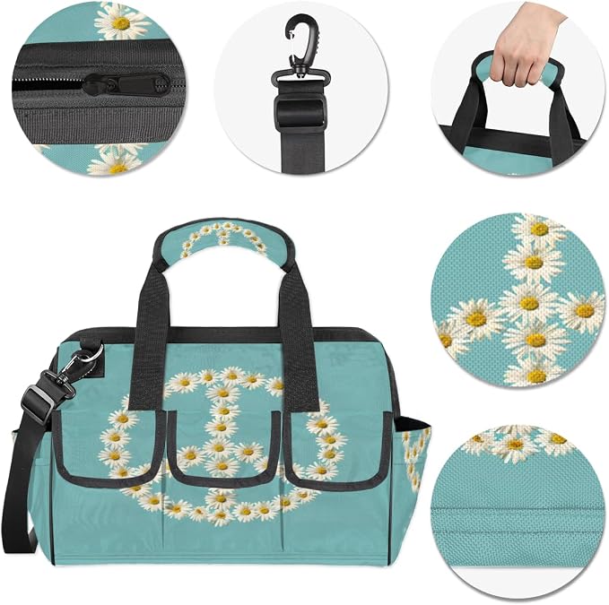 Floral Peace Sign Heavy Duty Tool Bag 14.8 Inch Daisy Portable Soft Tool Box Organizer Storage with Adjustable Shoulder Strap