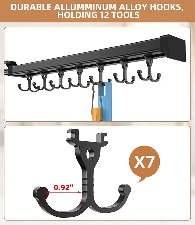 Pull Out Broom Holder With Adjustable Double Row Sliding Hook-Black 16.14in | High Load Capacity, Multifunctional Slide Broom And Mop Storage/Garage Organization Hooks, for Closet Laundry, kitchens