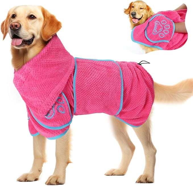 SlowTon Dog Bathrobe Drying Coat – Super Absorbent Microfiber Towel Wrap with Adjustable Collar & Belly Strap, Fast Drying Bath Robe for After Bath Swim, for Large, Medium, Small Dogs (Pink 2XL)