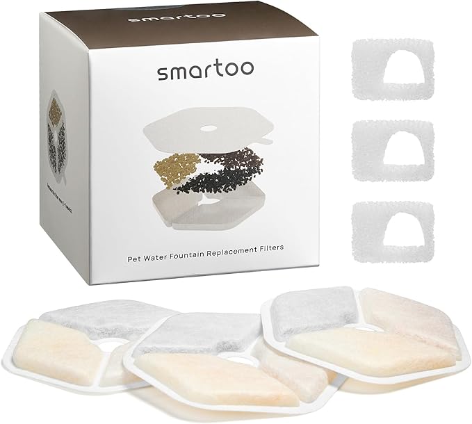 Smartoo 3 Packs Official Replacement Filters and 3 Packs Sponges for 152oz/4.5L Wireless Cat Water Fountain PTM-643