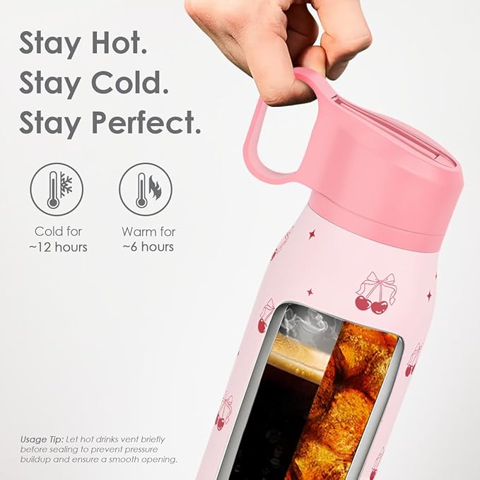 Cherry Water Bottle with Twist Lid Stainless Steel 20oz, Travel Insulated for Sports & Gym, Gift for Women Girl Birthday Christmas