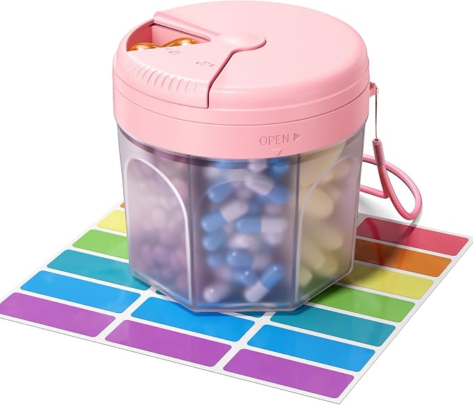 Pill Organizer with 7 Large Compartments,XL Cute Travel Pill Box BPA-Free | Anti Mixing, Large DIY Compartments for Vitamins and Fish Oil, Portable Monthly Pill Box with Labeled and Lanyards, Pink